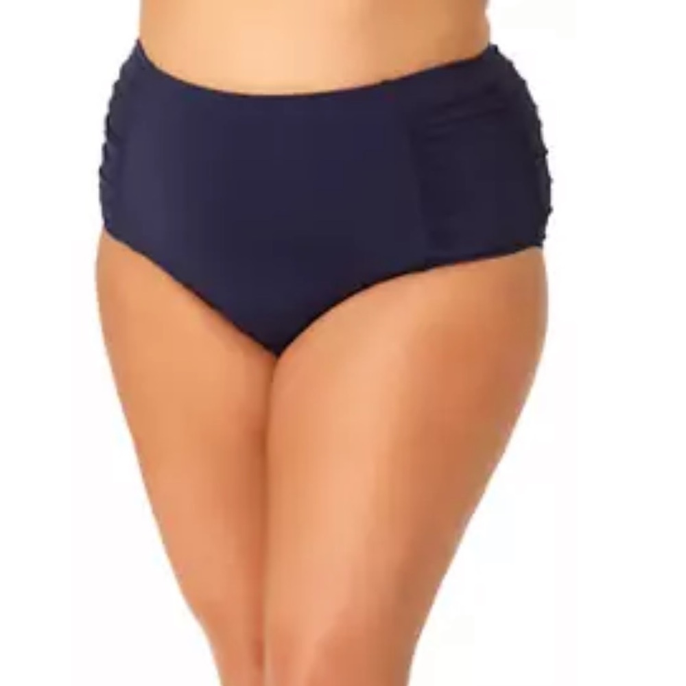 Anne Cole High Waist Side Shirred Tummy Control Swim Bottoms Navy Blue 24W